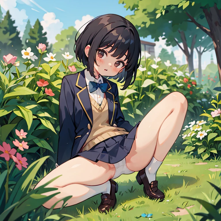 ,Blazer ,mini skirt,white underwear,Squat down and spread your legs wide open.,garden,black hair,short hair,Pee