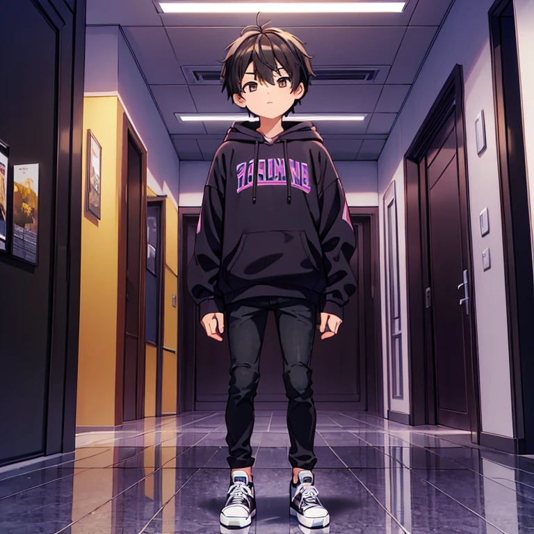 Masterpiece, high quality. A boy with brown eyes, and black hair. Stand on the street, wearing a purple hoodie, black skinny jeans, and sneakers shoes. Night and sunny Place lobby