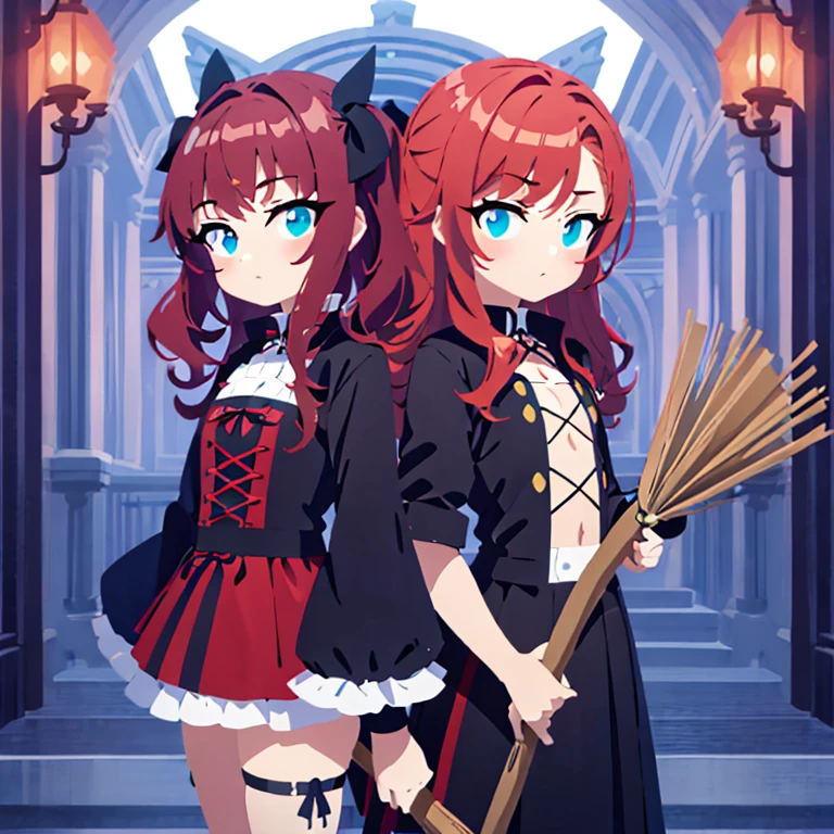 Red hair,Double tail,curls,15 years old,flat chest,Gothic,Magic Broom,background white,masterpiece,Display diagram