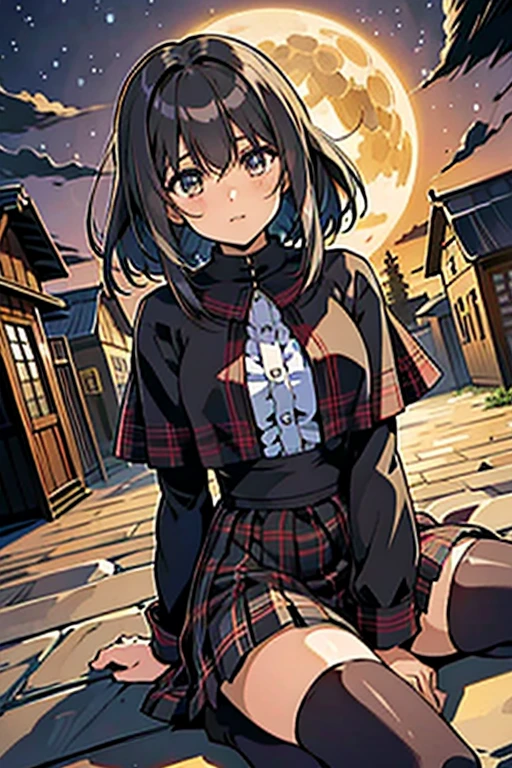 Located in the center,((looking at the camera in:1.2)),(nearing perfection:1.4),dynamic,smooth underskirt,Focus sharp,lamplight, comicbook style. Vibrant brushstrokes, bold colour,Be expressive, Emotional, offcial art,Unity8k wallpaper,ultra - detailed,Beautiful and beautiful,tmasterpiece,Best quality at best,1 girl, peruvian witch, tan skin, The content is very detailed,Beautiful eyes,Black long hair,peruvian poncho,poncho, (tartan short skirt),student shoes,Nazca lines made of magic on top, magic on hands, vibrant with colors,((House on the desert)), night, moonlight, looking at camera