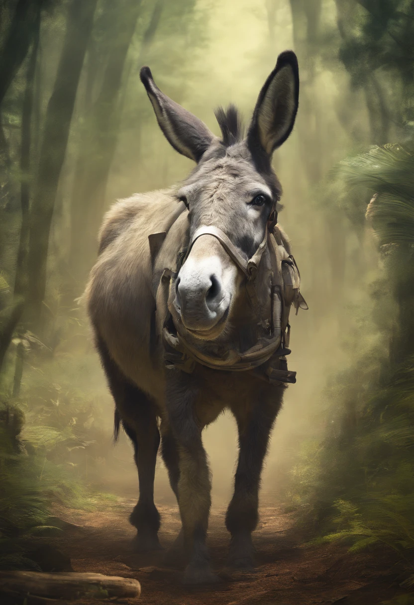Um burro em formato de animacso na floresta de frente para camera