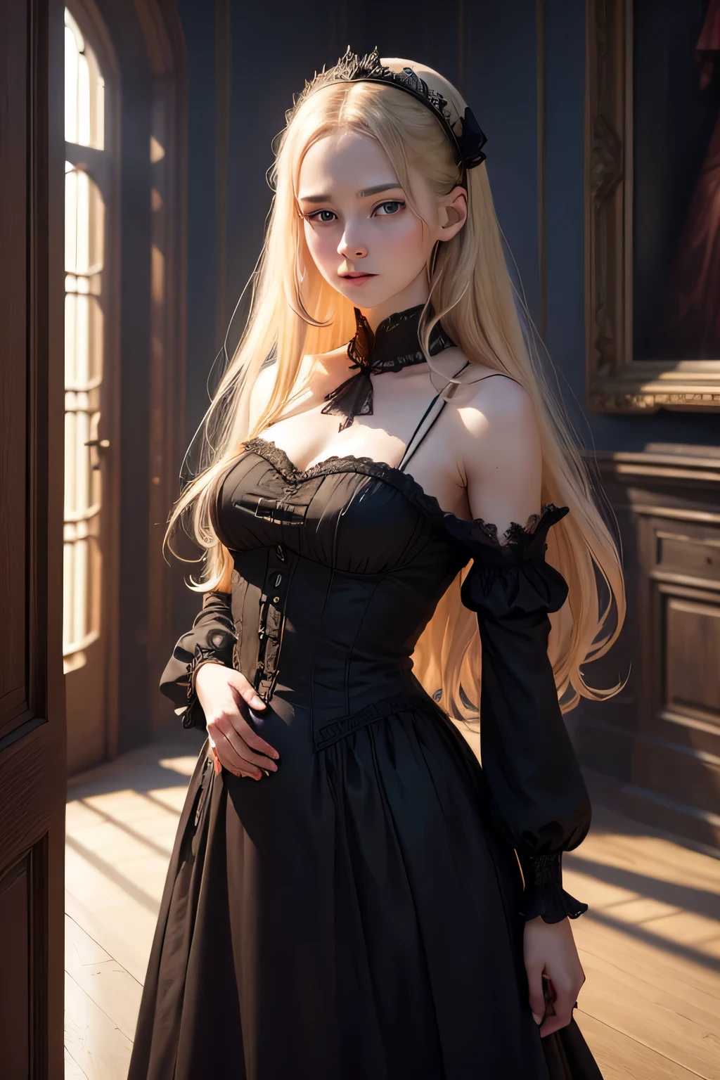 a pretty girl, rosto detalhado, cabelos longos e pretos, vestido arcaico, posing for a photo in a gloomy mansion