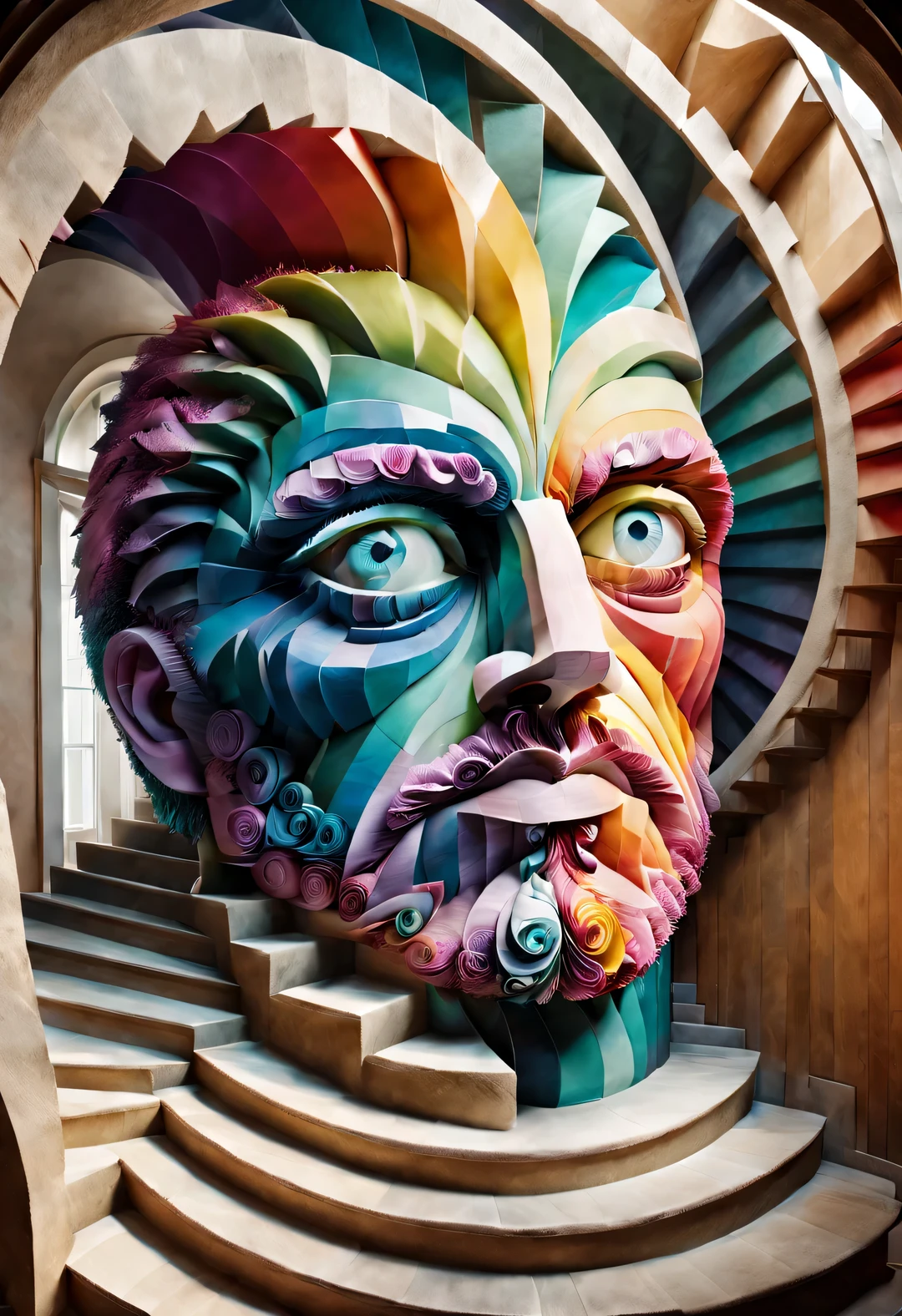 (Visual illusion), "Inception", The illusory fusion of wooden staircase paintings and giants&#39;S face in kaleidoscope, repetitive or spiral movement or change, or perspective-distorted images that distort perception of depth and space, These images appear to be moving, straight lines are curved, Colorful geometric pattern, bright colors, Inspired by Tomek Setovsky, psychedelic architecture, Full of energy、Colorful killian, penrose stairs, Flat Surrealism, biomorphic temple, Paul Lehr and Michonne, master of abstract surrealism, Inspired by Killian, Double contact,