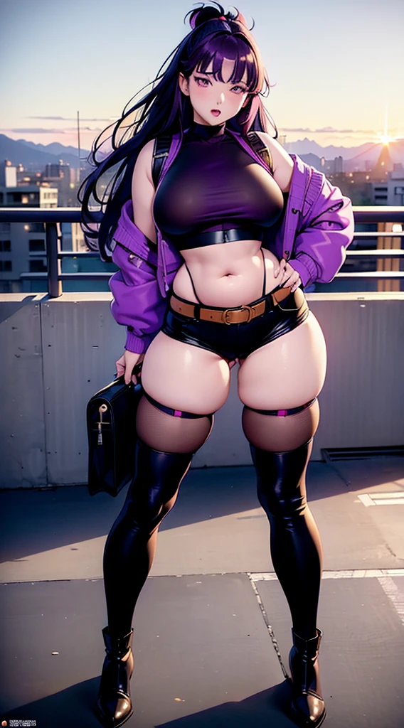 1990s anime, (masterpiece), high-definition, orgasm face, korean girl, big  , big hips, messy dark purple hair, orange eyes, crop top sweater, jacket, shorts, belt, (thong: 1.2), thigh high stockings, boots, fishnet, balcony, leaning on the railing, (messenger bag), sunset