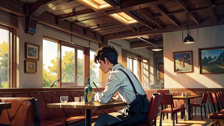 Inside the restaurant,table in front of,One person sits with his back facing each other in front of a dining table for two