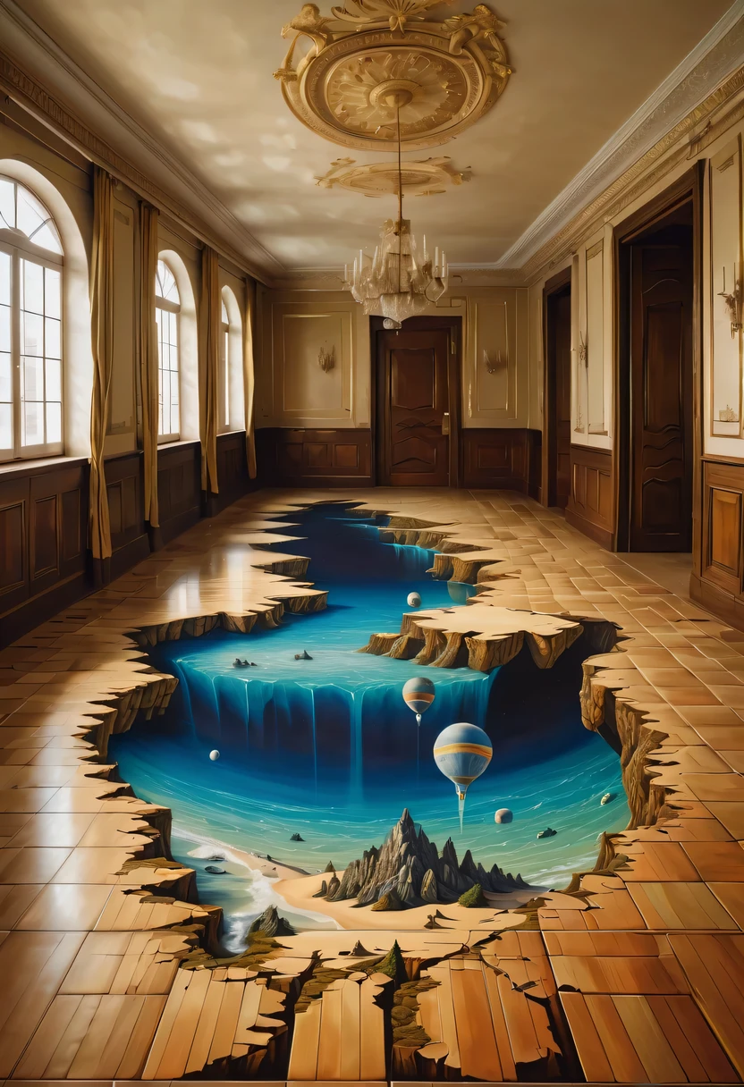 Optical illusion art,3D painting on the lobby floor，3D artwork，Surrealism，The details are impeccable，