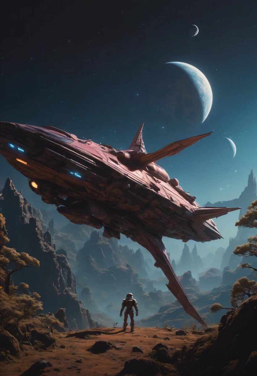 (Space War), sci-fi style, elite teams are guarding legendary relics in a harsh planetary environment. The relics under the starry sky shine brightly, and enemy details are visible. The background is a low-pressure planet surface, (panoramic view), award-winning, cinematic still, emotional, vignette, dynamic, vivid, (masterpiece, best quality, Professional, perfect composition, very aesthetic, absurdres, ultra-detailed, intricate details:1.3)