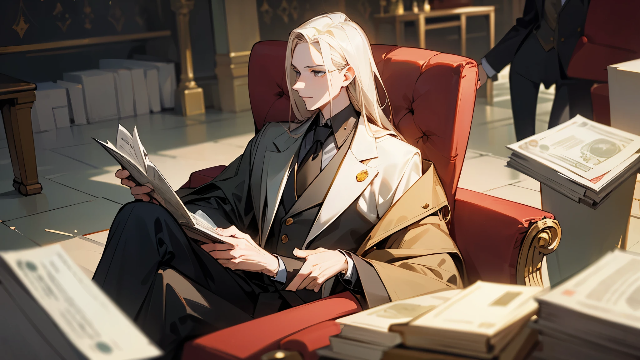 {masterpiece},{Best quality},{ slender man with tight hair , very rich man , richest in the world , around bitcoins , money , Bucks , в мешках money , Bills , the richest man sits in a chair , around bitcoin