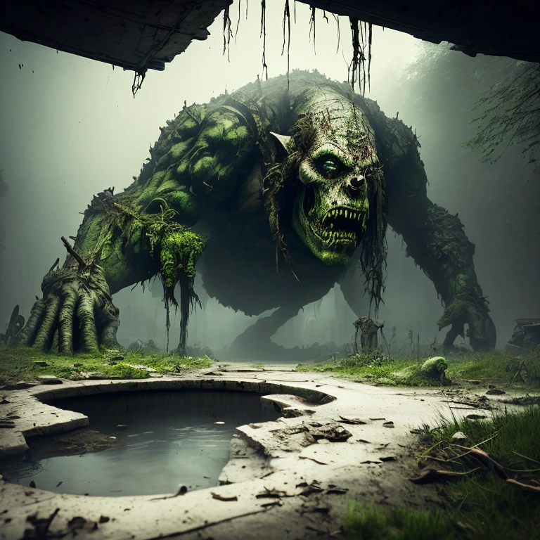 a monster,(((pale white skin))),solo,hunchback troll,zombie,zombie hulk,tattered clothes, dead rotting skin on the face, muddy hair, detailed rotting peeling dead skin,water corpse, blind, huge long arms,huge hands,huge claws,stoop like a carnivores,((head smaller)),long neck,full body view,wide angle,(in the underground),kanal,overgrown sewer,fog,dark,moody lighting,
