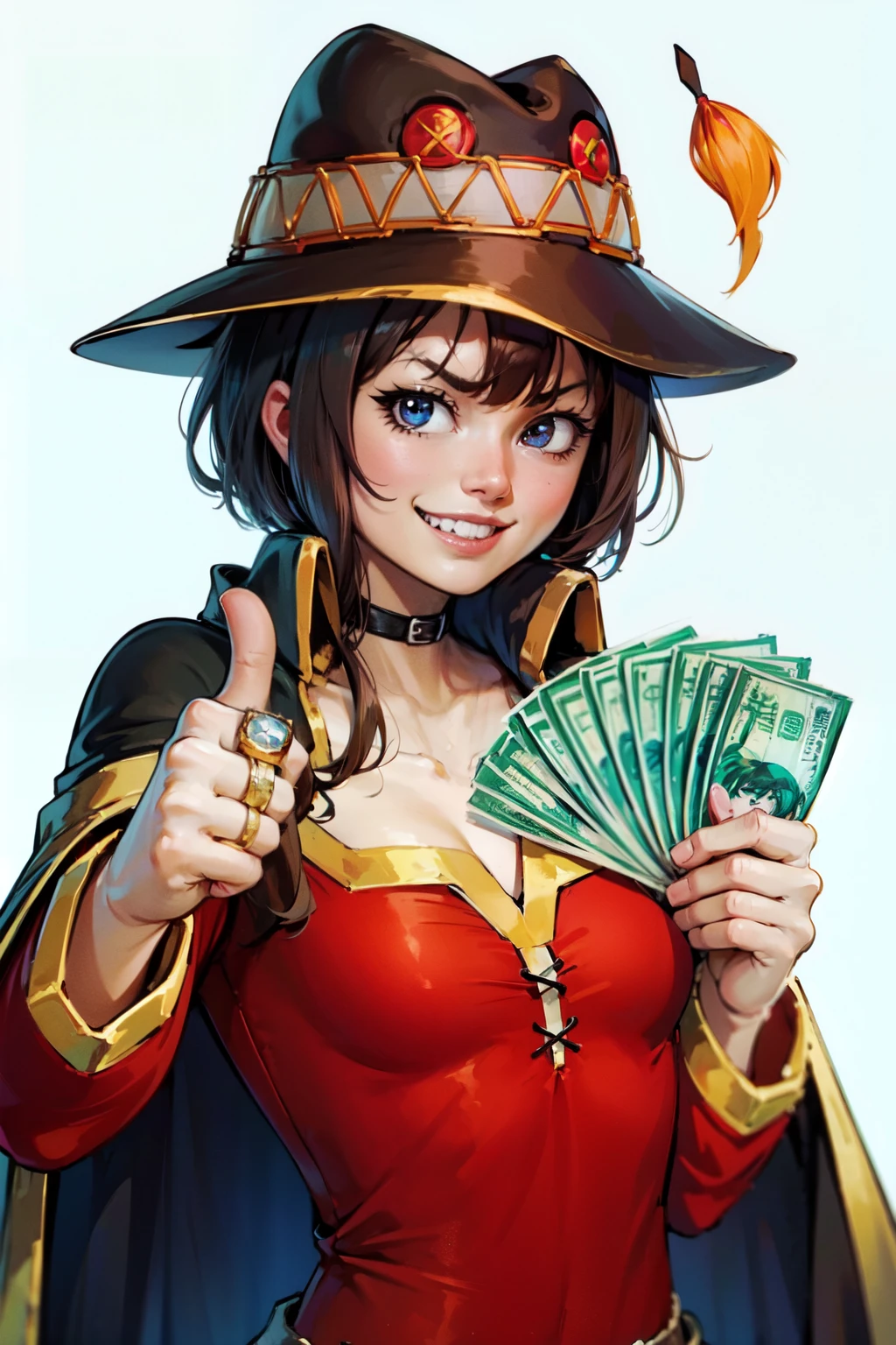 (masterpiece, best quality:1.2), simple background, gangstersb, 1girl, solo, looking at viewer, upper body, money, holding, holding money, thumbs up, hat, suit, grin, jewelry, Megumin, megumin's style, cape, close-up