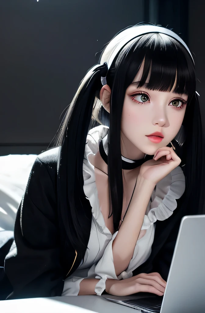 全身mannequinがコンピューターのマウスにディープキス,そのmannequinは美しいです,mannequin is a female college student,mannequinの身長は165cmです,mannequinの色'my face is white.,mannequinの色'The body is pure white.,mannequin has black hair( hairstyle,twin tails,short hair,bangs),mannequin has a long, thin face.,mannequinの色'lips are light pink.,mannequin'eyes are black.mannequin is wearing a coat.,bright room
