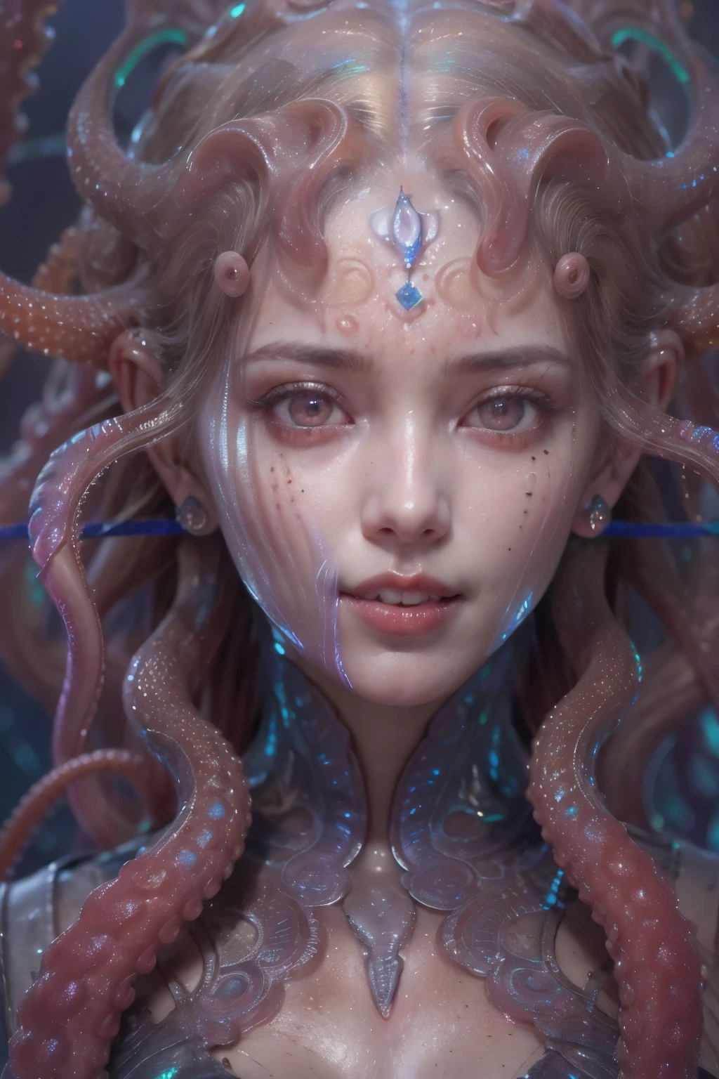 (1 beautiful and obscene female alien:1.4), (There is a female genital-like organ in the middle of her forehead:1.95), SHe has medusa-like hair, (there are lots of translucent tentacles from her head like her hair:1.8), (vulgarity1.7), (she is looking at viewers with glowing red eyes with no pupils:1.8), (She has translucent pale skin:1.7),(She has the most beautiful face in the history of the universe:1.2), (She has multiple bioluminescent organs on the side of her tentacles:1.4), (Her body is covered with an iridescent exoskeleton:1.6), (She is showing her arm pits:1.4), an evil gaze that seduces, (large mouth:1.1), (sharp teeth like a vampire:1.2), Full body portrait, (bio luminescent:1.5), (Smile wickedly:1.3), (sexypose:1.5), alien, No humans, cells are fused, extraterrestrial, cell, bio image, masterpiece, ultra high resolution, (photos realistic:1.7), scary and sexy detailed art in color, best quality, 8K,In 4K_quality, High freshness, Dramatic Lighting, cinematic quality, (exquisite details:1.2), High freshness, drawing faithfully, (Thick eyebrows:1.2), Beautiful eyes with fine symmetry,(Highly detailed face and eyes:1.2),(Super detailed skin quality feeling:1.4), perfect anatomy, (Beautiful toned body:1.5), (Moist skin:1.2), not wearing makeup, (dark circles:1.1), long canines, cinematic drawing of characters, cinematic quality, (exquisite details:1.2), high resolution, High freshness, drawing faithfully, official art, Unity 8K Wall paper, ultra detailed artistic photography, midnight aura, unreal engine 5, Ultra Sharp Focus, art by Amano Yoshitaka, ArtGerm, Roisch, intricate artwork,ultra realistic realism, dream-like, Creation of fantasy, dream Snail, (biopunk nautilus:1.3),Thrilling color schemes, seductively smiling, Amazing mutation, well-proportioned body, goddess of the deep sea, fractal, Geometric pattern, impossible figures,(asymmetry:1.4), (white tentacles with blue stripes:1.4), subtle emerald green accents, (expression of ecstasy:1.6)