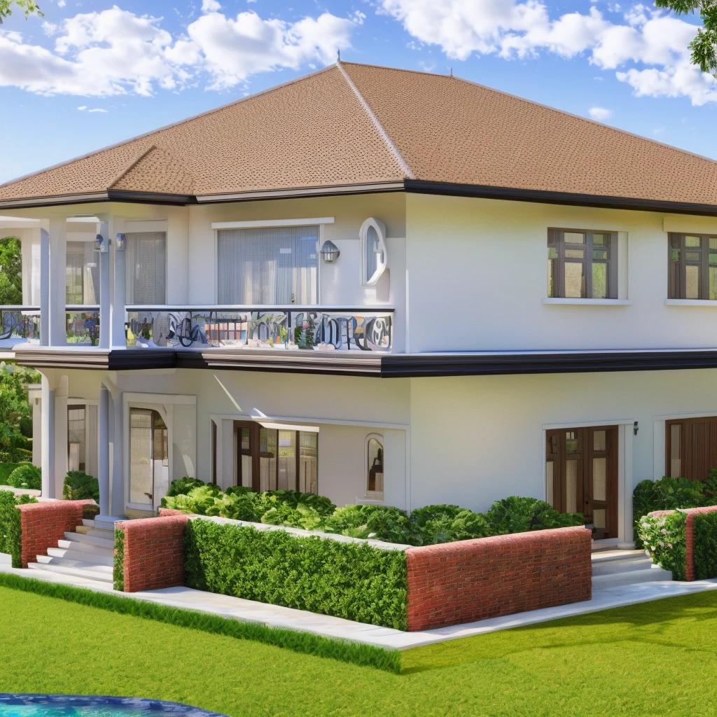 Garden villa, with swimming pool, garden in neoclassical styleClassical style, masterpiece, surreal, rendered by Vray 2023, Vantage, rendered 8k, 16k, ultra HD, iron patterned railings, doors and Wooden windows, Natural light, cloudy, daylight, fence around the house, 16K