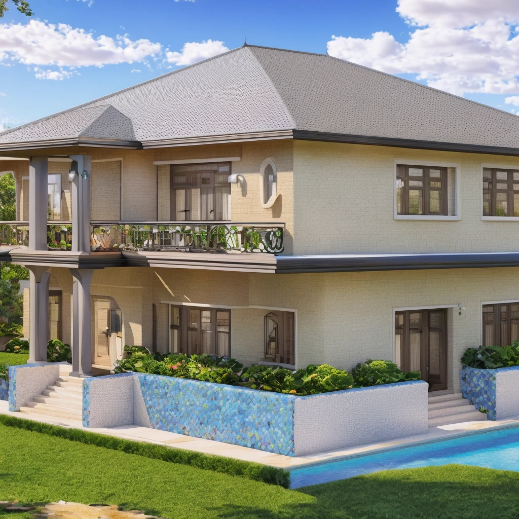 Garden villa, with swimming pool, garden in neoclassical styleClassical style, masterpiece, surreal, rendered by Vray 2023, Vantage, rendered 8k, 16k, ultra HD, iron patterned railings, doors and Wooden windows, Natural light, cloudy, daylight, fence around the house, 16K