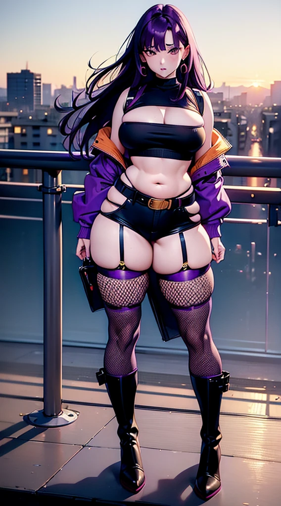 1990s anime, (masterpiece), high-definition, orgasm face, korean girl, big , big hips, messy dark purple hair, orange eyes, crop top sweater, jacket, shorts, belt, (thong: 1.2), thigh high stockings, boots, fishnet, balcony, leaning on the railing, (messenger bag), sunset