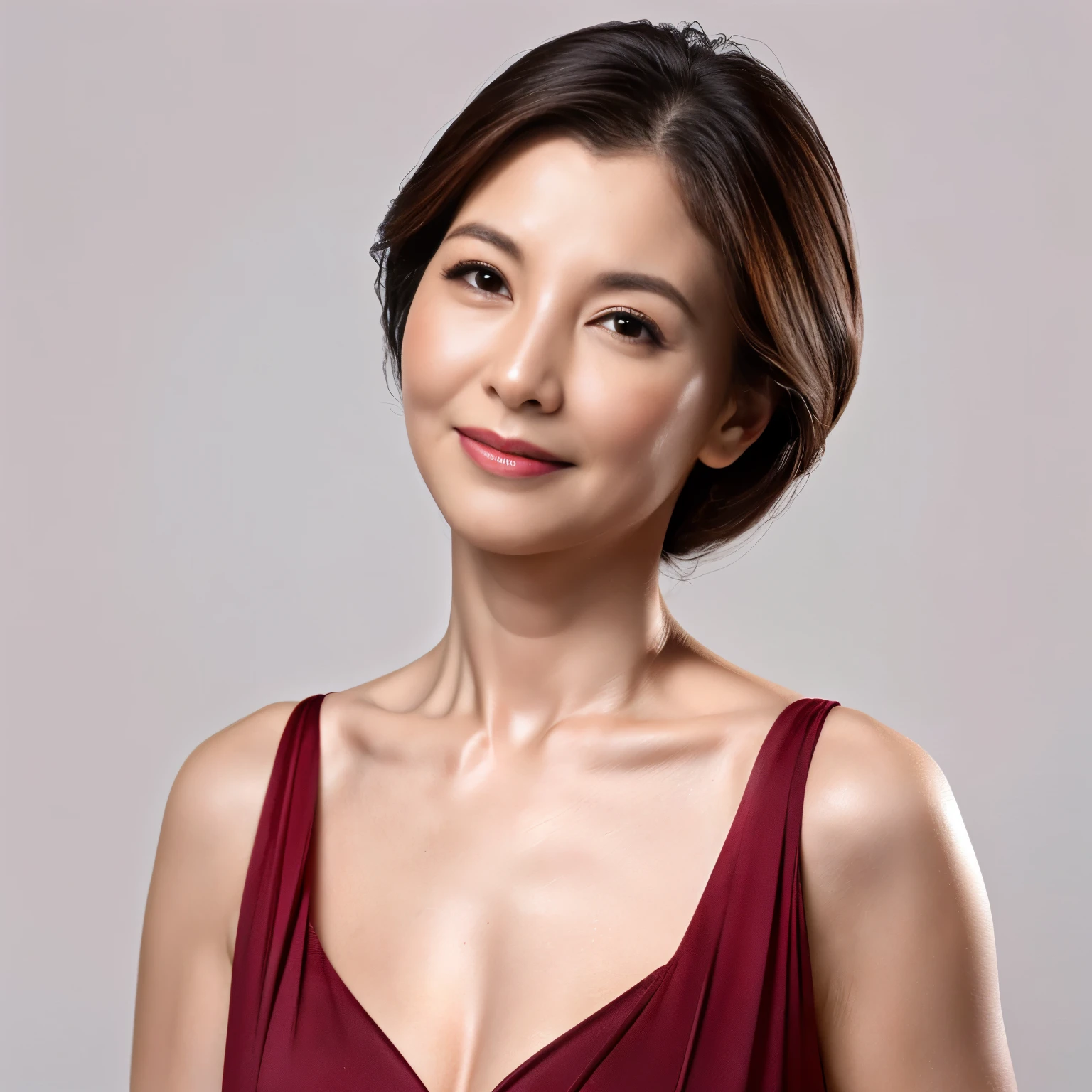 ((highest quality、8K resolution、master masterpiece、professional photography)), Photoreal, (50 year old beautiful mature woman with idol face:1.3), (Wrinkled face:1.2)、upper body photo、(Nude photo from the chest up:1.2)、(solid white background:1.1)、(advertising image:1.1)、wrinkles around the eyes,standing elegantly、(Plump and soft body、clavicle)、(The most elegant and beautiful berry long wavy hair)、(look at me悲しい微笑み:1.2)、(look at me:1.1)、(large breasts of beautiful shape、soft cleavage)、perfect makeupアップ,Dark red lipstick,perfect makeup,eye shadow、long eyelashes、(Glossy fair skin with super high detail:1.1)、premonition of love