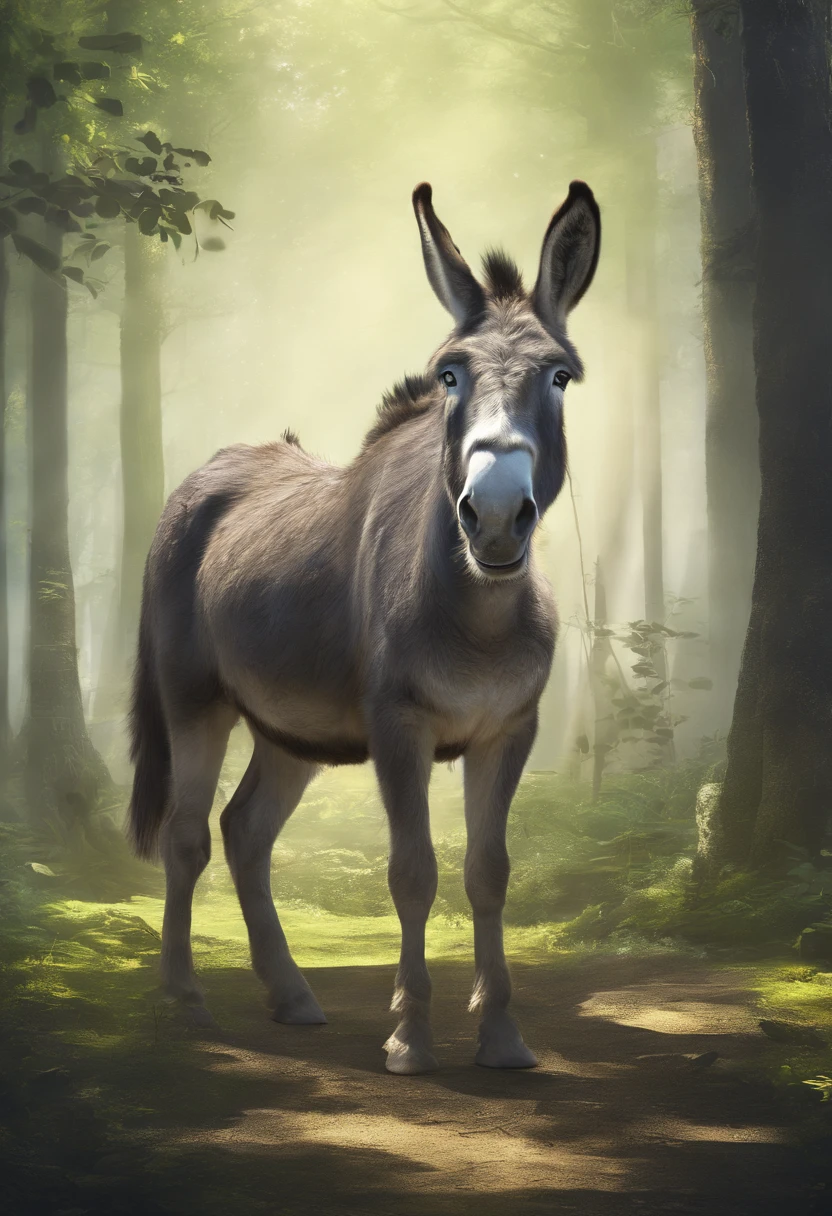 An animated donkey lying down in the forest facing the camera