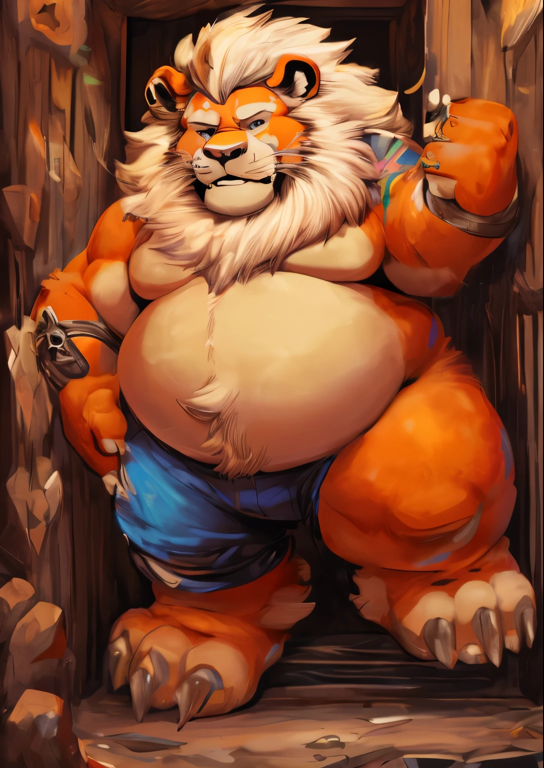 blue genitalia,solo,male people,chubbiness,small fat,Bare-chested, solo, Detailed pubic hair, A high resolution,, tmasterpiece,Excessive obesity,Obesity in the extremities,foot in the air,Correct body proportions,overweight,roadhog,lion dog