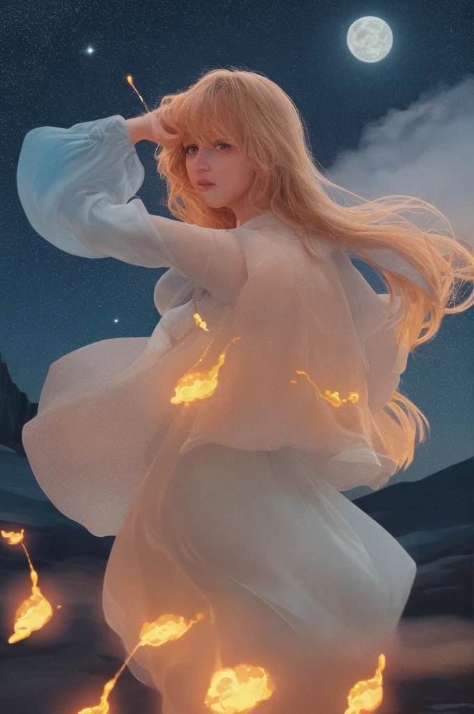 masterpiece, Amazing girl, Night Moon Full Moon, 1 female, mature woman, younger sister, Royal younger sister, cold face, Expressionless, Silver-White Long Haired Woman, pale pink lips, Calm, intellectual, Three Band Grey Eyes, Assassin Short Knife, Flower ball background, hand details, finger details, facial details, eye details,
