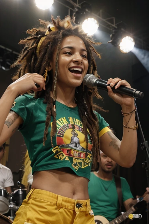 crie um imagem de um show de reggae com um cantor jovem rasta moreno, trajando uma camiseta de tres cores orizontais sendo verde em cima, amarelo no meio e vermelho em baixo. singing and dancing to an audience with reggae colors. com faixa e bandeiras com nome "Reggueiros da Liberdade"