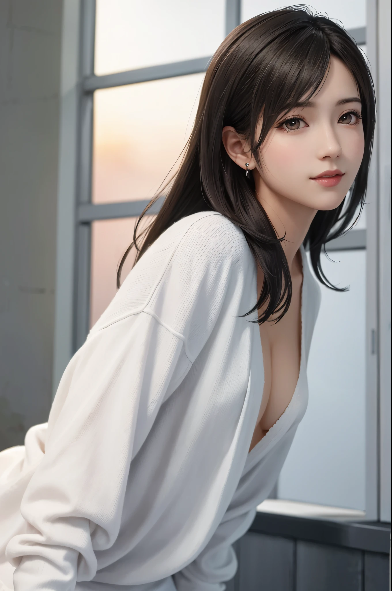 (Top Quality, Masterpiece: 1.1), (Realistic: 1.3), Wallpapers,ultra high res,ultra high quality, BREAK (((FF7,Tifa_lockhart))),Ultra-detailed face, Detailed eyes,(black Brown Hair, Large breasts: 1.2),(Imaginative Macanese Female Page,background is Unique The Tablets of Stone,at Sunrise), side view:1.2, BREAK (wearing oversized loose sweater, Exquisite cloth, white Clothes,bare back:1.3,virgin killer Clothes),clothed,(No Bra) ,(Small and beautiful hard nipple),(shiny oiled skin: 1.1), about 18 years old, BREAK smile,kawaii,(cool pose:1.2),cowboy shot