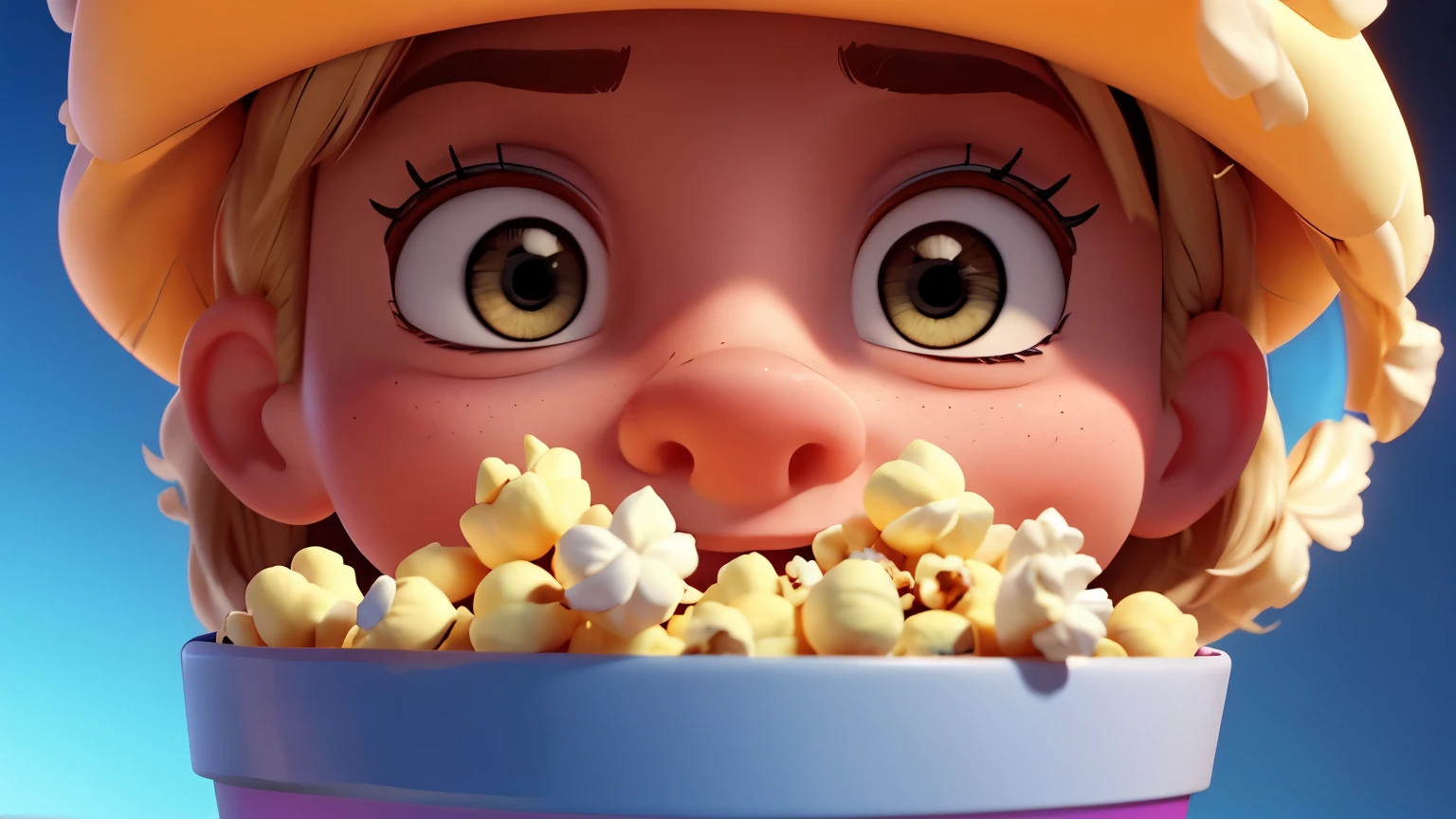 a  with popcorn, close up, pixar style