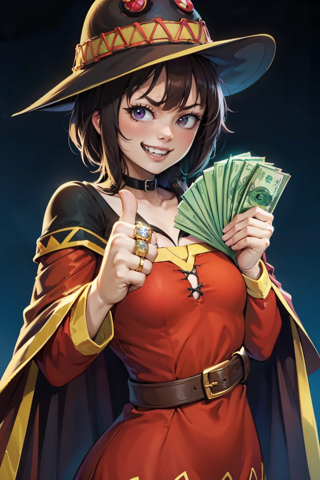 (masterpiece, best quality:1.2), simple background, gangstersb, 1girl, solo, looking at viewer, upper body, money, holding, holding money, thumbs up, hat, suit, grin, jewelry, Megumin, megumin's style, cape, close-up