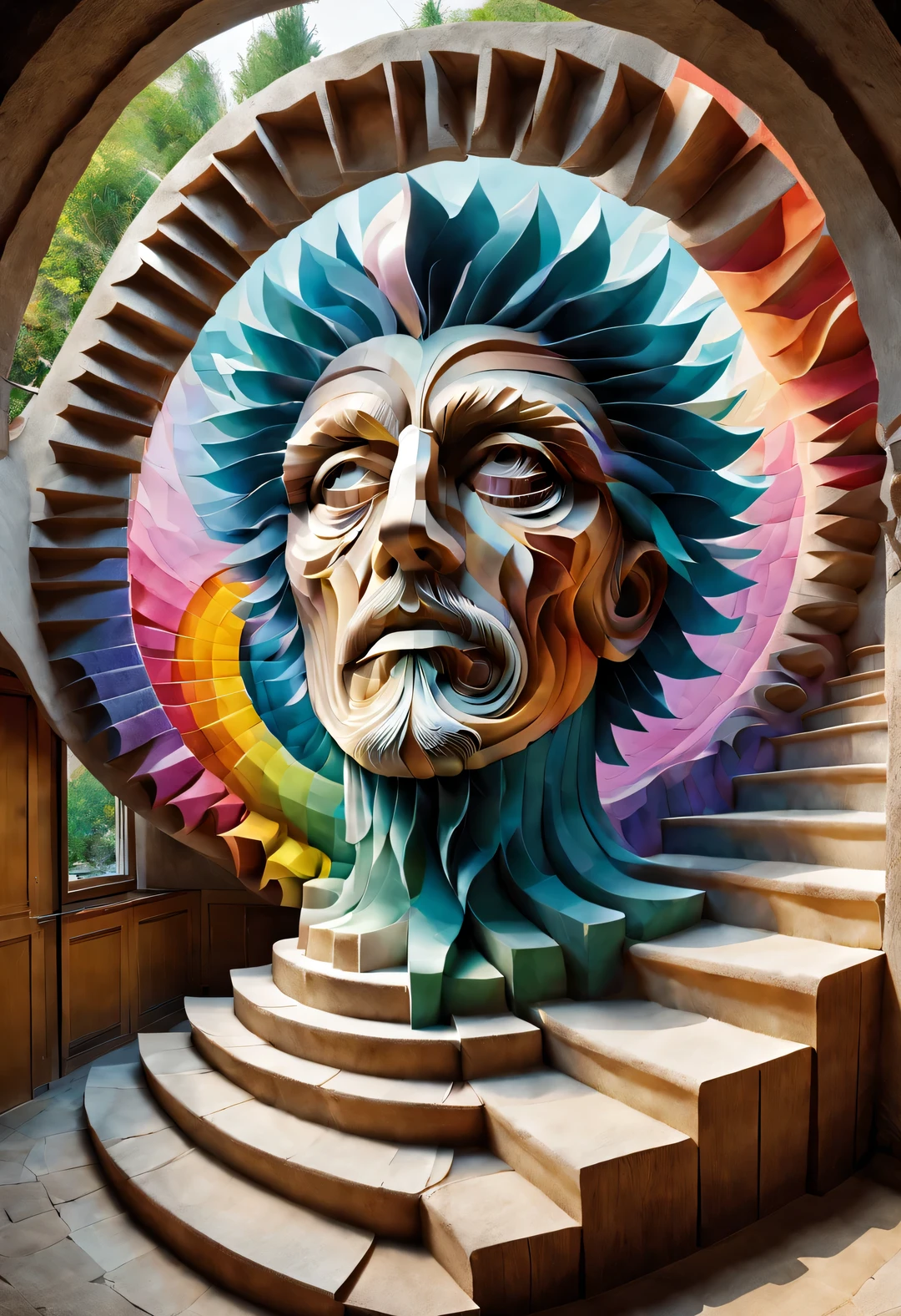 (Visual illusion), "Inception", The illusory fusion of wooden staircase paintings and giants&#39;S face in kaleidoscope, repetitive or spiral movement or change, or perspective-distorted images that distort perception of depth and space, These images appear to be moving, straight lines are curved, Colorful geometric pattern, bright colors, Inspired by Tomek Setovsky, psychedelic architecture, Full of energy、Colorful killian, penrose stairs, Flat Surrealism, biomorphic temple, Paul Lehr and Michonne, master of abstract surrealism, Inspired by Killian, Double contact,