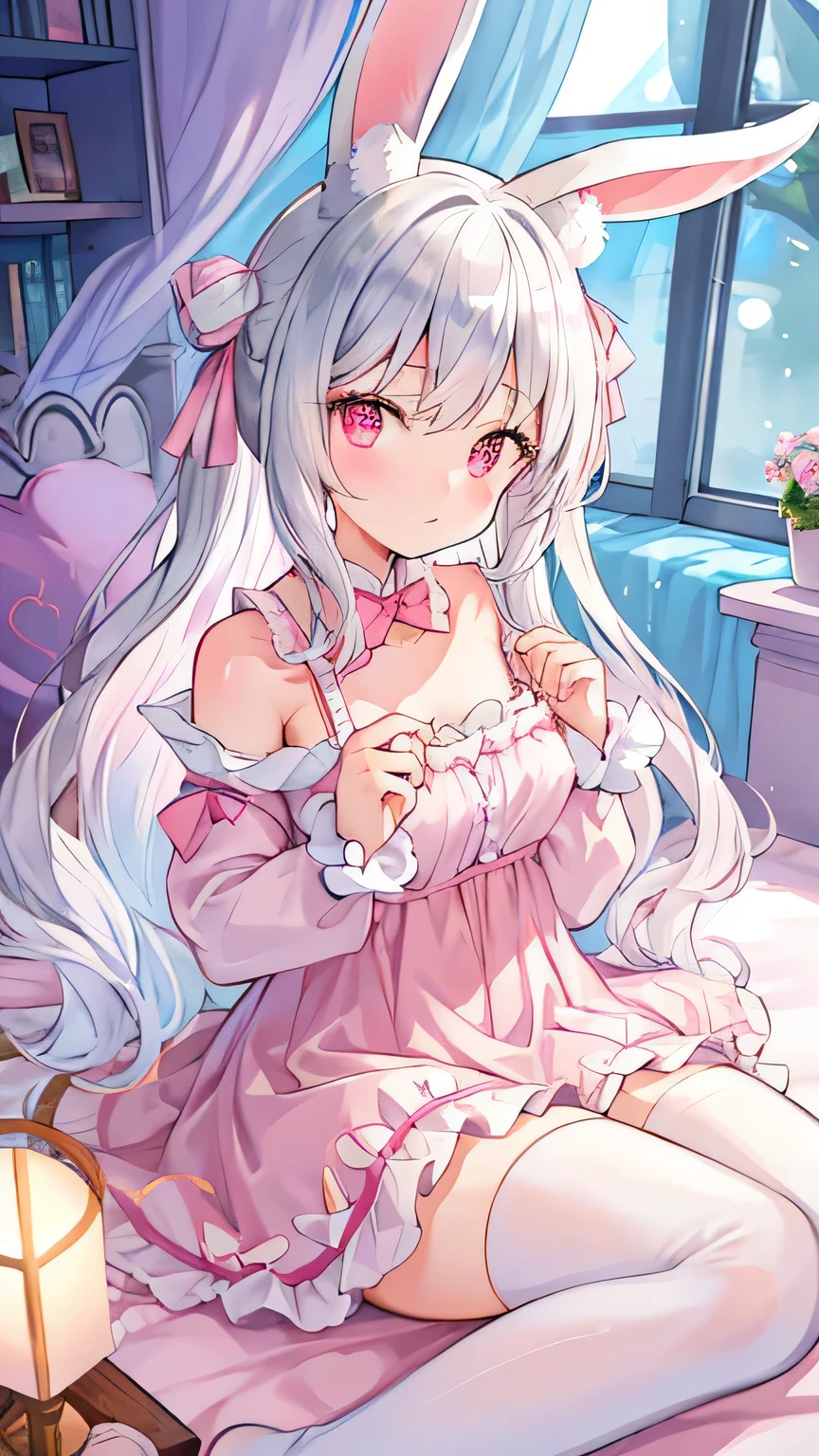 beautiful illustrations, highest quality, pretty girl, Bedroom, pastel colour, fluffy rabbit ears, , long silver hair, rabbit stuffed, bright lighting, pale pink eyes