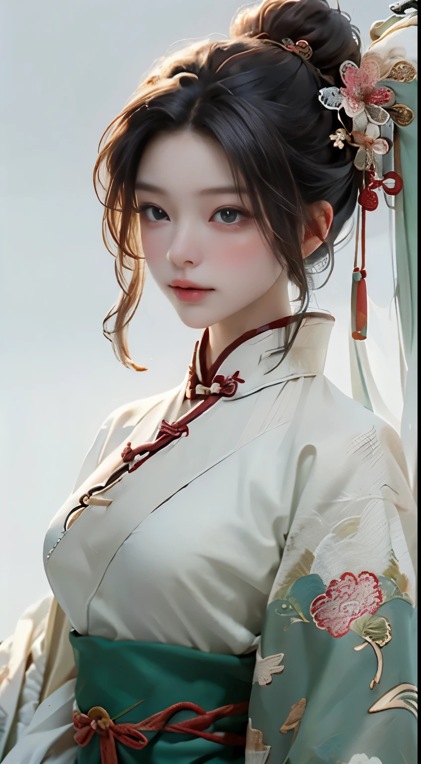 A girl, ancient Chinese costume, sunshine, clear face, clean white background, masterpiece, super detail, epic composition, ultra HD, high quality, extremely detailed, official art, uniform 8k wallpaper, super detail, 32k -- v 6