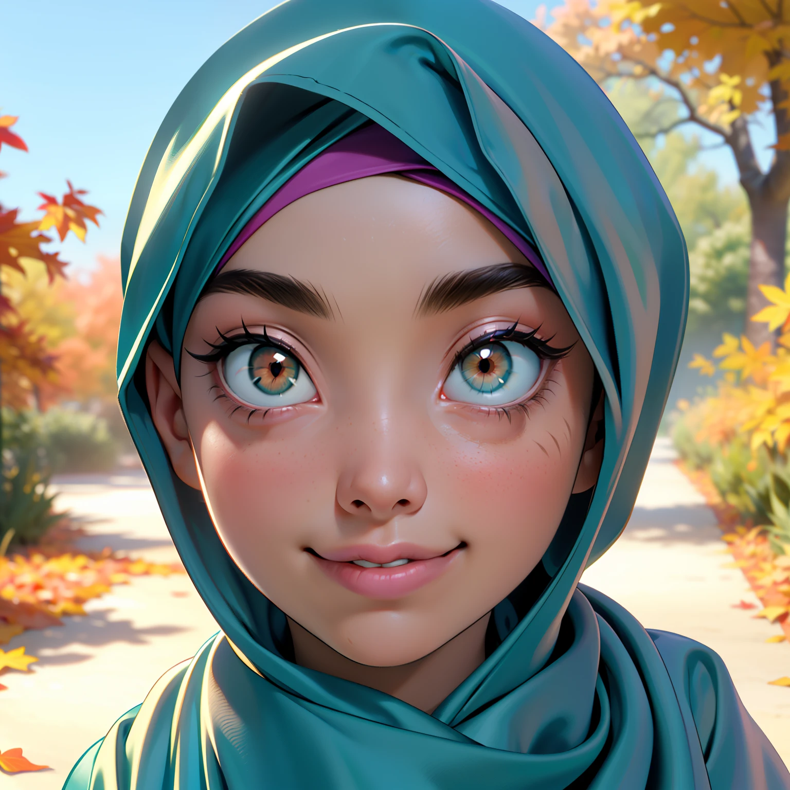 3dmm style, ((Masterpiece, best quality, photography, detailed skin, realistic, photo-realistic, 3D Character Design, pixar, real cartoon, High detail RAW colour art, diffused soft lighting, shallow depth of field, sharp focus, hyperrealism, cinematic lighting)), ((close up)) view, a Turkish lady, beautifully makeup, eyeshadow, Parted Lips, Detailed Eyes, ((Big brown eyes)), long eye lashes, dimples on the cheeks, smile, wearing ((Teal satin hijab)), loosely tide hijab style, ((gray satin shirt and satin long skirt)), (Close-up portrait), Front view, Symmetric Centre, facing the viewer, walking on trails, autumn garden.
