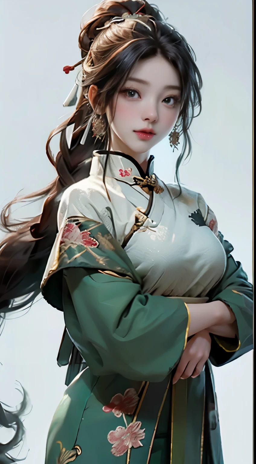A girl, ancient Chinese costume, sunshine, clear face, clean white background, masterpiece, super detail, epic composition, ultra HD, high quality, extremely detailed, official art, uniform 8k wallpaper, super detail, 32k -- v 6
