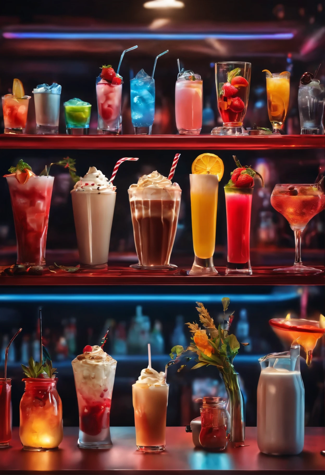 A table of of delicious diffrent drink, all look so good , all are dripping, some are milkshakes, others are alcohol, neon lights, 8k, high detail