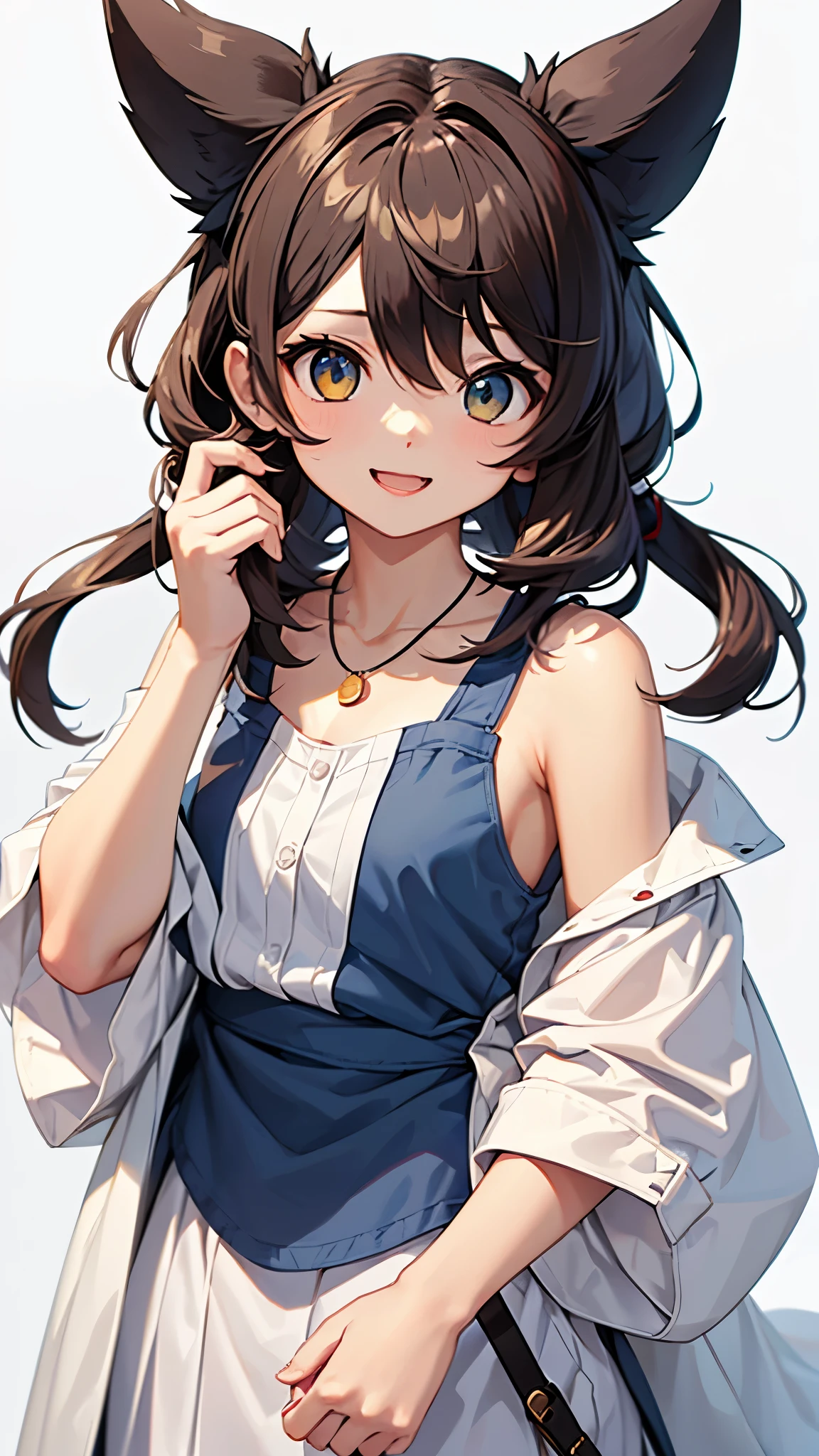 white background、Empty background、(high quality, Breathtaking),(expressive eyes, perfect face) Full body shot, 1 girl, girl smiling from the front、woman gives blowjob, solo, odd eye, Heterochromia - left eye is brown、The right eye is light blue.open your mouth wide、Era: late 20s, brown hair, , Shoulder-length medium hair, White , Soft wavy hair, gentle smile, Loose hair, side bangs, Looking at Viewer, People photography, A happy expression, modern clothes, V neck short sleeve blue shirt, flowing blouse, Off-shoulder coat, Black jeans, small necklace, It's elegant, middle age, Height 5"6, Hairstyle similar to Haruhi Suzumiya