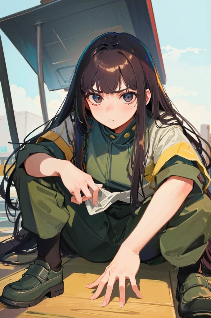 ((highest quality)), ((masterpiece)), (be familiar with), perfect face、A battlefield full of bullets、A girl crouching to avoid the line of fire