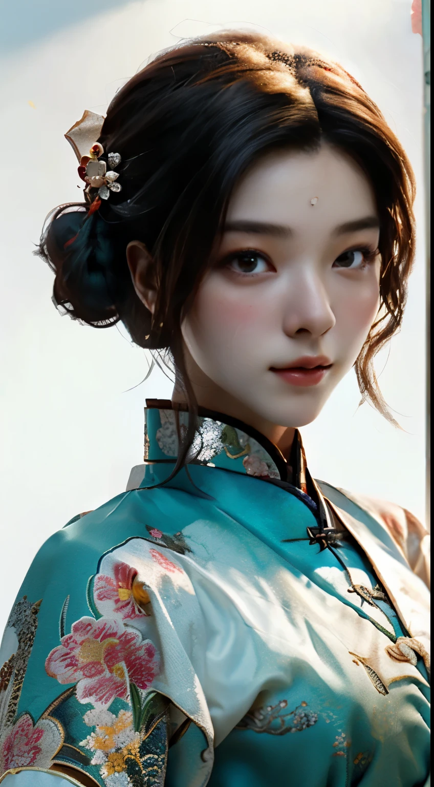 A girl, ancient Chinese costume, sunshine, clear face, clean white background, masterpiece, super detail, epic composition, ultra HD, high quality, extremely detailed, official art, uniform 8k wallpaper, super detail, 32k -- v 6