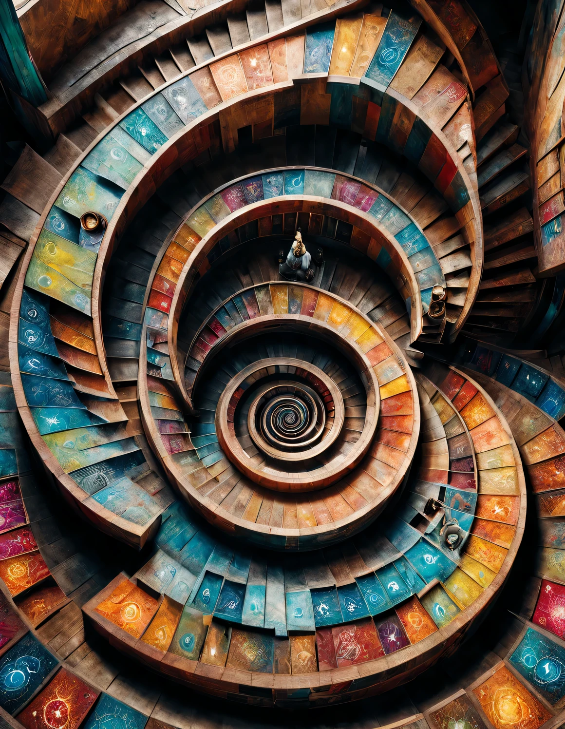 (Visual illusion), Double contact begins, Vision within a kaleidoscope, ,spiral giant'S-faced wooden stairs blend into it,The illusion of chessboards put together, Repeating and spiral movements and changes, Perspective-distorted images distort depth and spatial perception, These images appear to be moving, straight lines are curved, Colorful geometric pattern, bright colors, Inspired by Tomek Setovsky, psychedelic architecture, Vibrant and colorful Penrose Staircase, Flat Surrealism, abstract surrealist,,Horizontal(low angle shot),Super wide angle shooting(super wide shot)