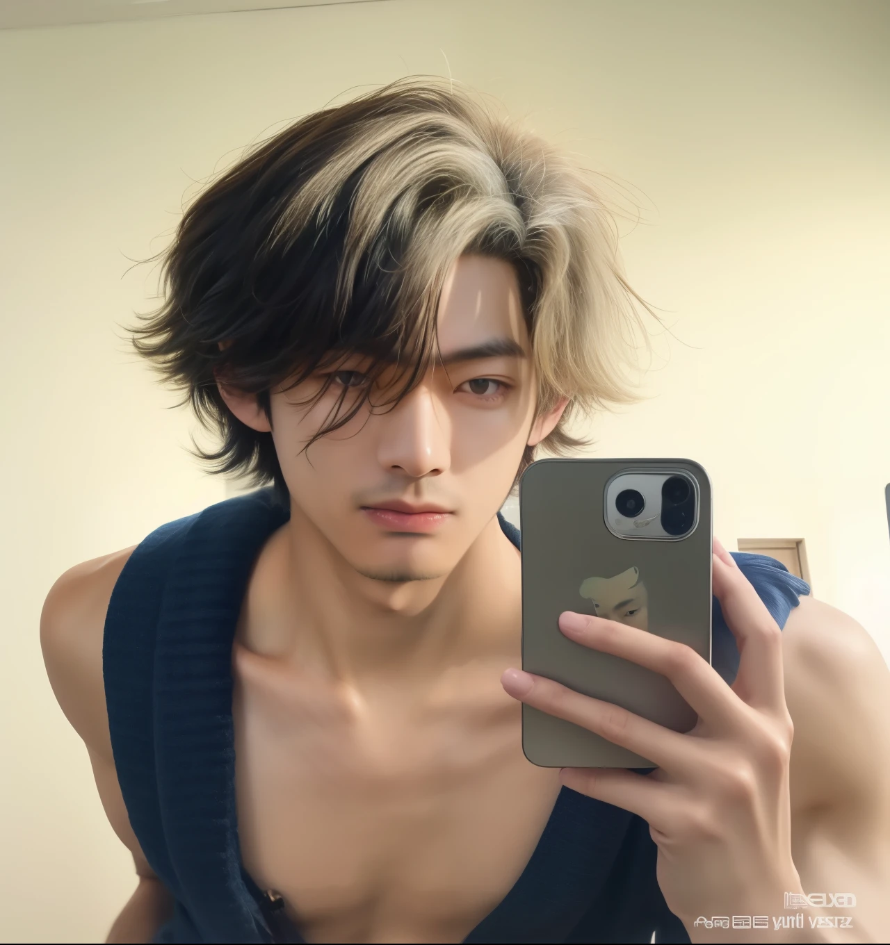 Arafed man taking a selfie in a mirror with his cell phone, xqc, TaeJune Kim, cai xukun, Jung Jaehyun, con el pelo largo y blanco, handsome japanese demon boy, 1 7-year-old boy with a thin face, Jinyoung Shin, pintar ulzzang, con el mismo peinado, el tiene pelos gris oscuro, toru furuya