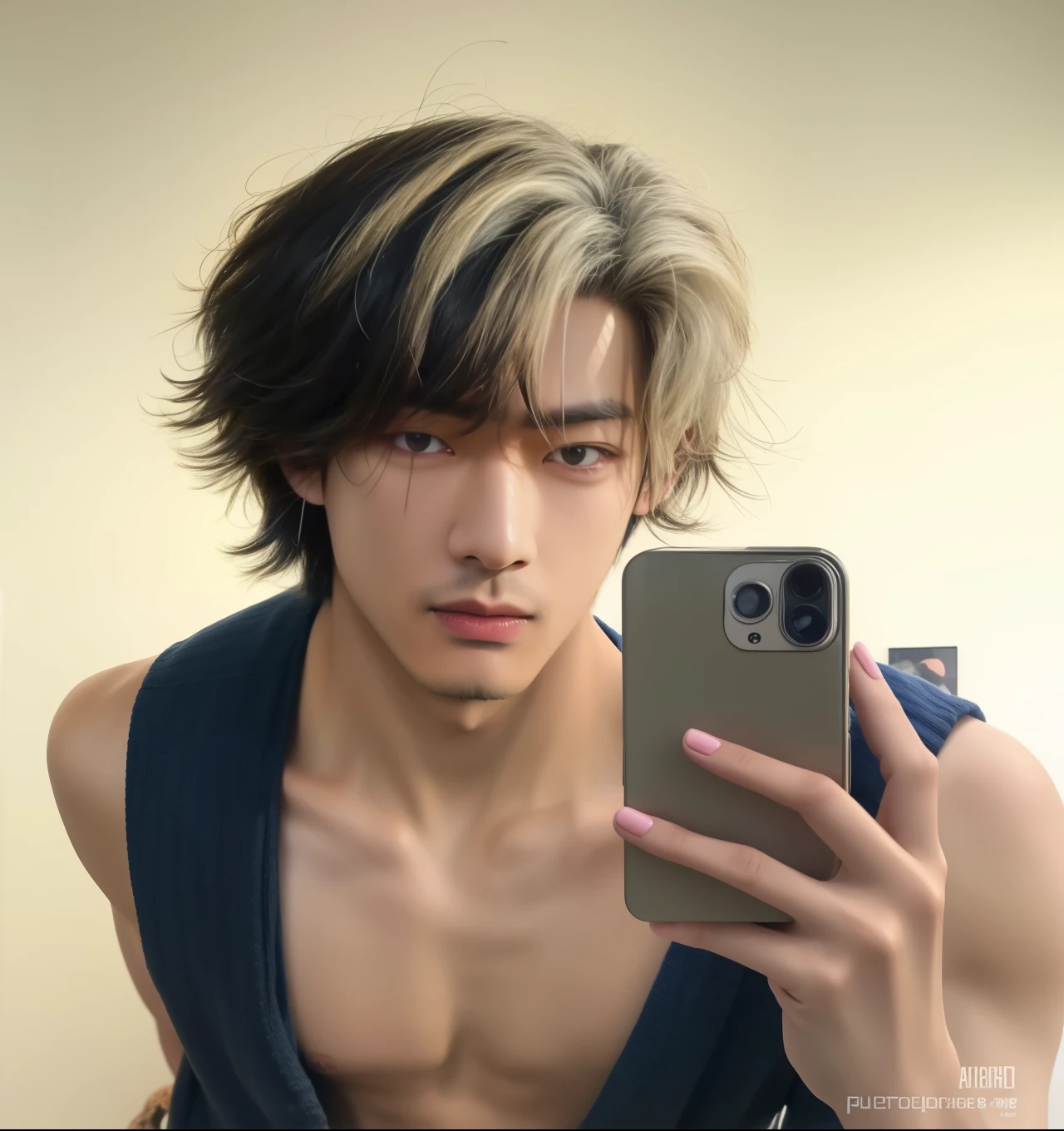 Arafed man taking a selfie in a mirror with his cell phone, xqc, TaeJune Kim, cai xukun, Jung Jaehyun, con el pelo largo y blanco, handsome japanese demon boy, 1 7--old  with a thin face, Jinyoung Shin, pintar ulzzang, con el mismo peinado, el tiene pelos gris oscuro, toru furuya