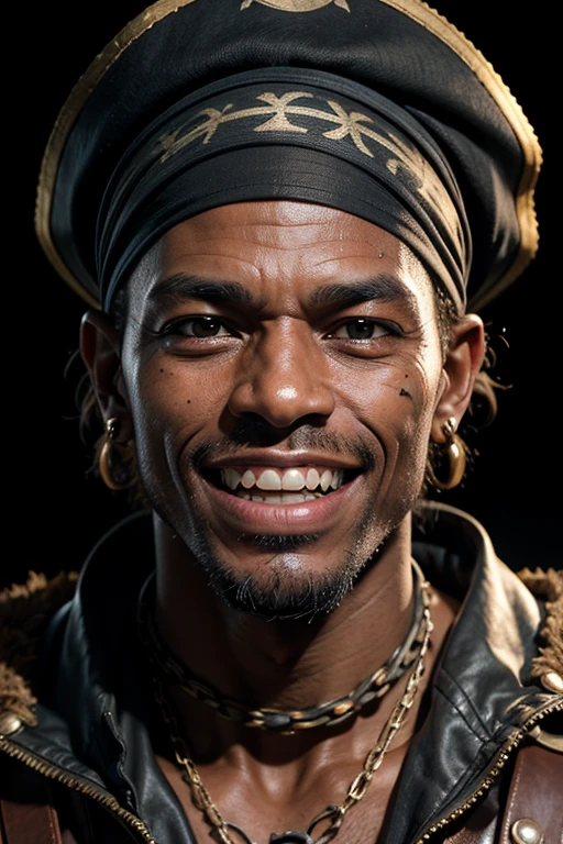 Professional portrait, black man, pirate wrinkled face, scar on face, evil smile, rotten teeth, tanned skin, black bandana, black background, eye contact, looking at viewer, masterpiece, best quality, perfect detail, perfect face detail, perfect detail eye, perfect skin detail, depth of field, perfect lighting