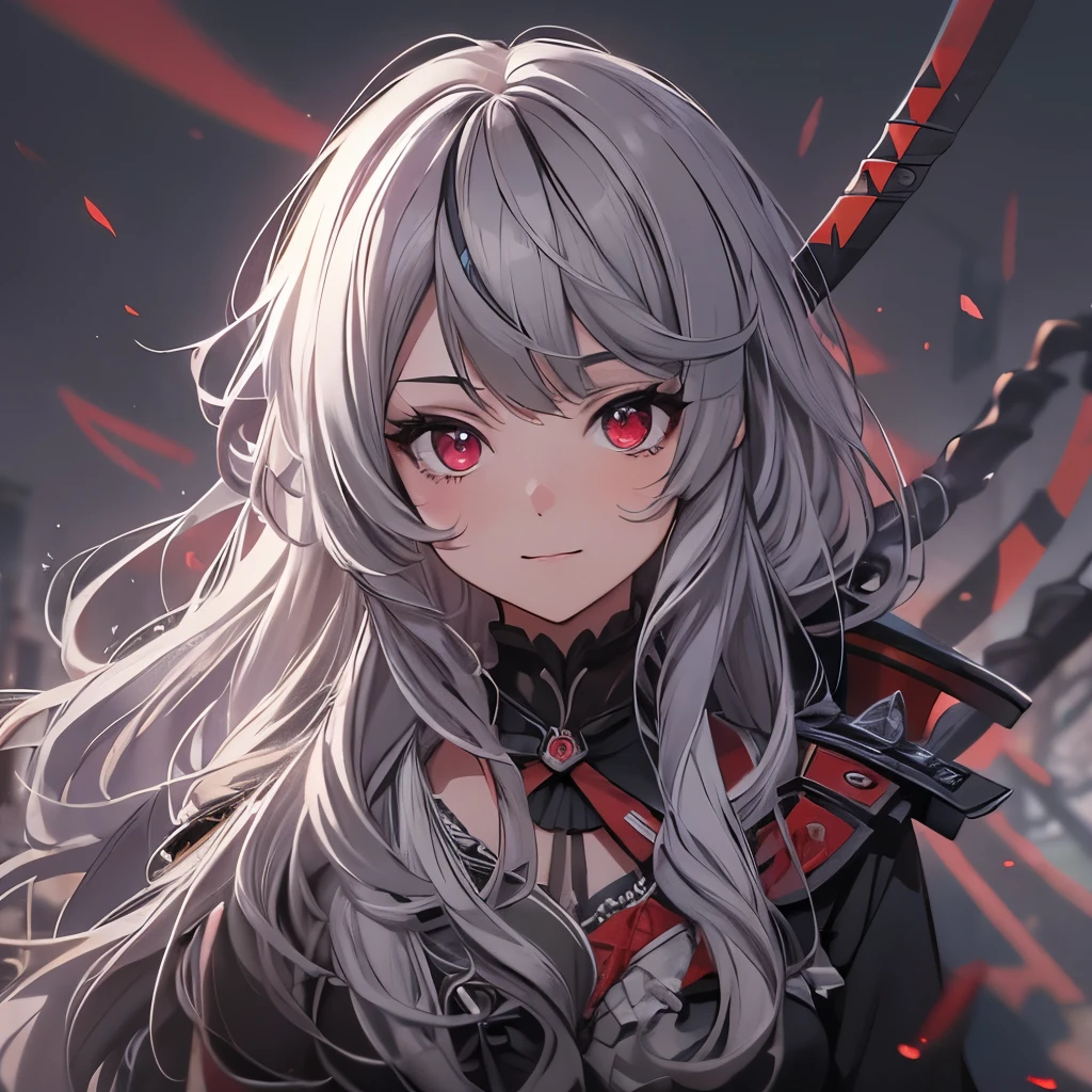 (masterpiece), 8k cg, stunningly beautiful girl, intricate details, chromatic aberration, ((bust shot)), ((looking at viewer)), 1girl, Sakamata Chloe, (long hair, (Grey hair) streaked hair, red eyes, black jacket, Swords, samurai), Dynamic, extremely beautiful and delicate portrait, cute face, wide smile, joyful, soft cheeks, blush, makeup, absurdres, cinematic lighting, dynamic lighting, fantasy, ((dark background, fog))