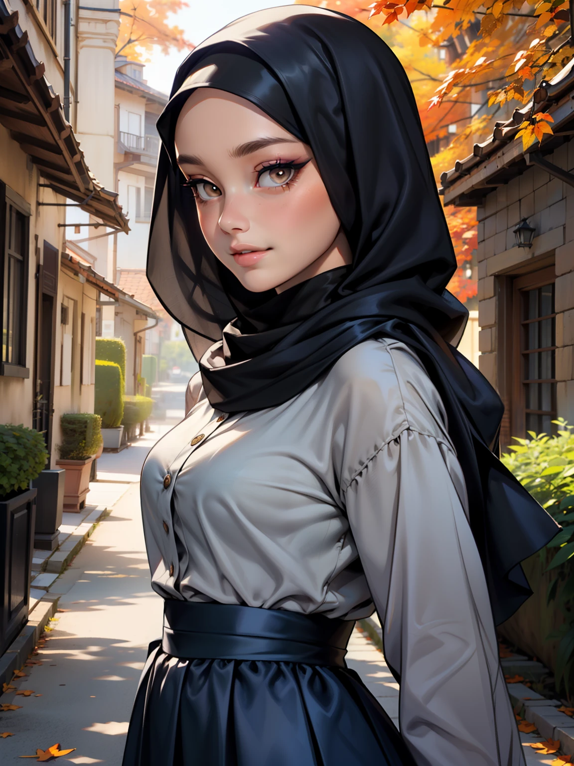 3dmm style, Masterpiece, realistic, best quality, best lighting, beautiful mature Czech woman, 1 girl photo solo, beautifully makeup, eyeshadow, Parted Lips, Detailed Eyes, ((Big brown eyes)), long eye lashes, dimples on the cheeks, smile, wearing ((Dark blue satin hijab)), loosely tide hijab style, ((gray satin shirt and satin long skirt)), (Half-body portrait), Front view, Symmetric Centre, facing the viewer, walking on trails autumn garden.