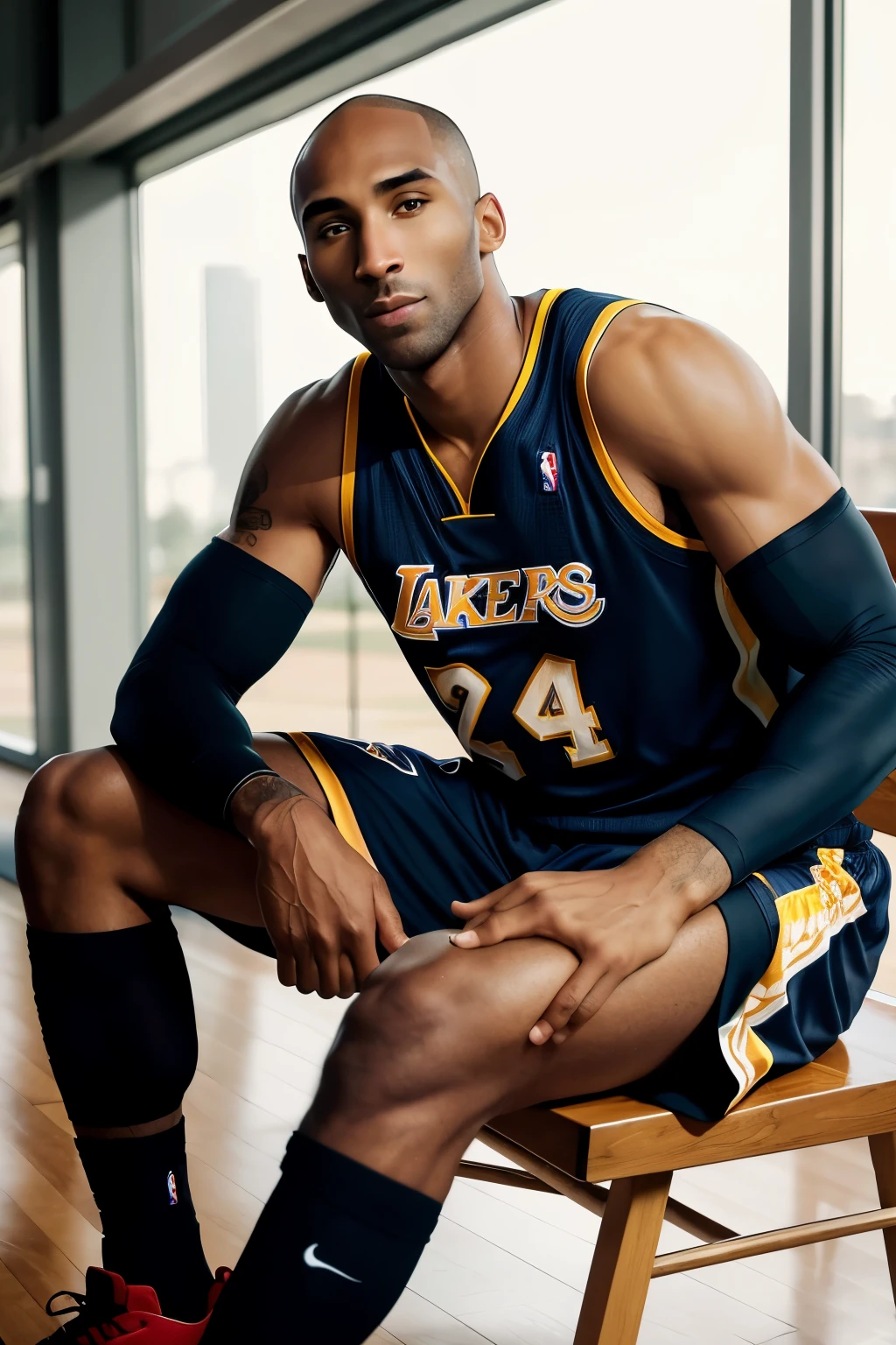 Photo of Kobe Bryant, legendary NBA player, (Detailed face:1.2), ((Portrait)), ((Detailed facial features)), strong jawline, intense gaze, rugby shirt and basketball shorts, (Sports environment), Sitting on a chair, (Warm color), focused, reflectors, (Masuptiece) (perfectly proportions)(photos realistic)(Best Quality) (Detailed) photographed in a Canon EOS R6, 70-200mm Lens, F/2.8, nffsw, (4K) (Wallpaper) (Dynamic lighting) (Focused lighting) (Sharp and Clear) Sports, From the side.