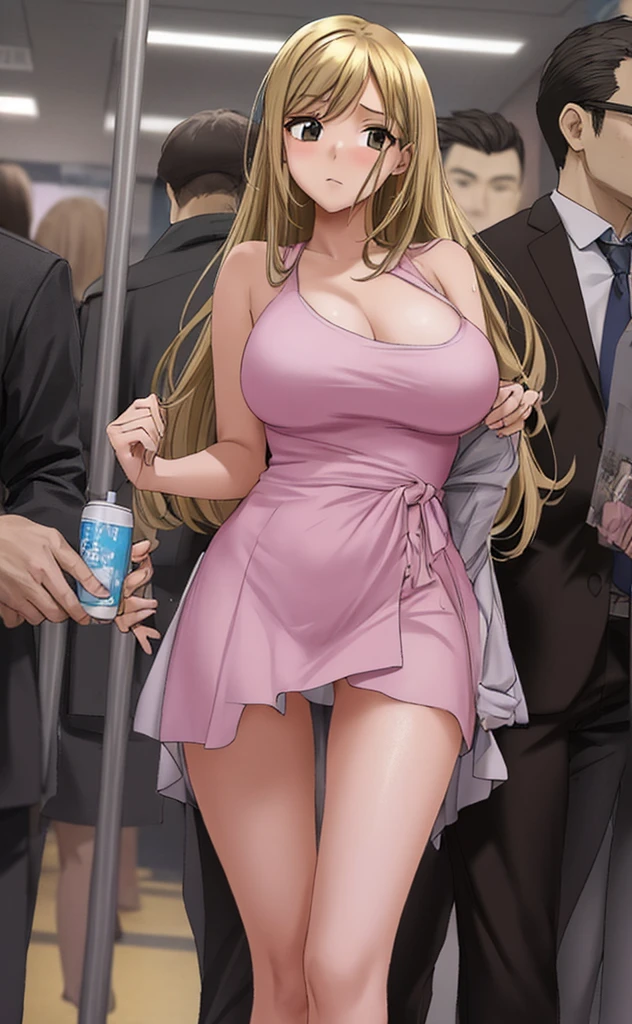 A beautiful woman with long walnut-colored hair, big breasts, and beautiful legs is standing in a crowded train with middle-aged men in suits, wearing a pale pink dress that shows her shoulders and a slightly dark white miniskirt.。looking with hostility at the middle-aged man in the suit standing behind him。