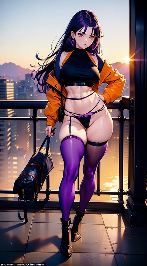 1990s anime, (masterpiece), high-definition, detailed face, korean girl, abs, big , big hips, messy dark purple hair, orange eyes, crop top sweater, jacket, shorts, belt, (thong: 1.2), thigh high stockings, boots, fishnet, balcony, leaning on the railing, (messenger bag), sunset