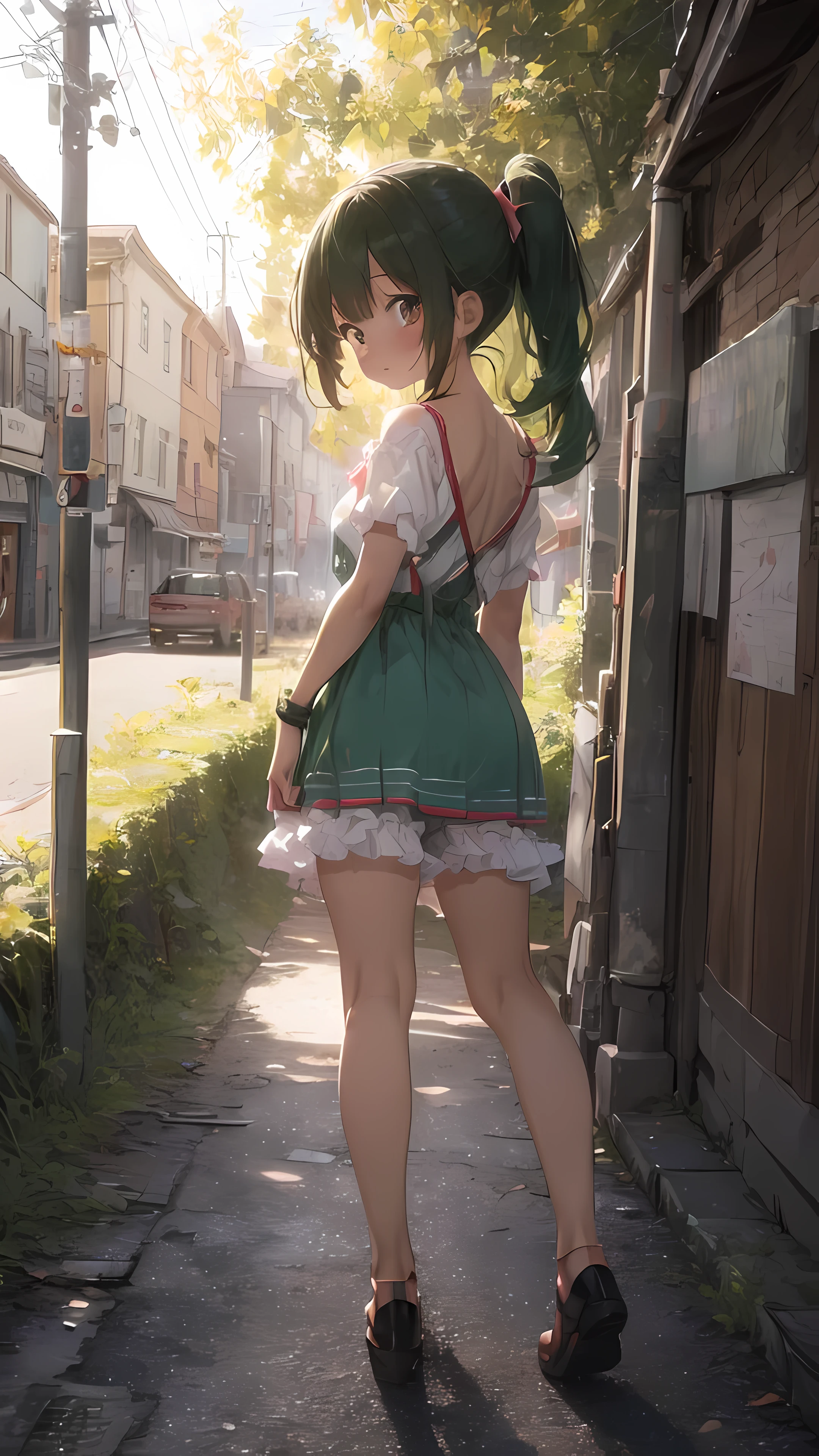 (((On the slope of the cityscape、(back view)、turn around、one girl、(Cute girl wearing a chiffon blouse、The white sleeves are transparent、The body part is black、long skirt of black color、Skirt fluttering in the wind、Pretty buttocks、No panties、hip line)、、shyness)))、smooth translucent white skin、 ((best quality, muste piece, High resolution:1.2), Super detailed, (Reality:1.37), vividness and color, ticker, studio lighting, Tits sharp focus,Physically based rendering、8K image wallpaper)、(very delicate and beautiful)、(masterpiece)、(highest quality:1.0)、(超High resolution:1.0)、(Precise human body structure)、(complete limbs)、(腕は2Book)、(脚は2Book)、(full finger)、(The fingers are５Book)、(slender beauty)、(Not muscular)、(((((Expressive Ace Perfect、girls dragon ball bloomers、 ribbon lay hair ponytail、green hair、Not Moriman)))、excitement、(blush:1.3)、peaceful scenery、serene landscape、beautiful scenery、stunning landscape、Perfect View