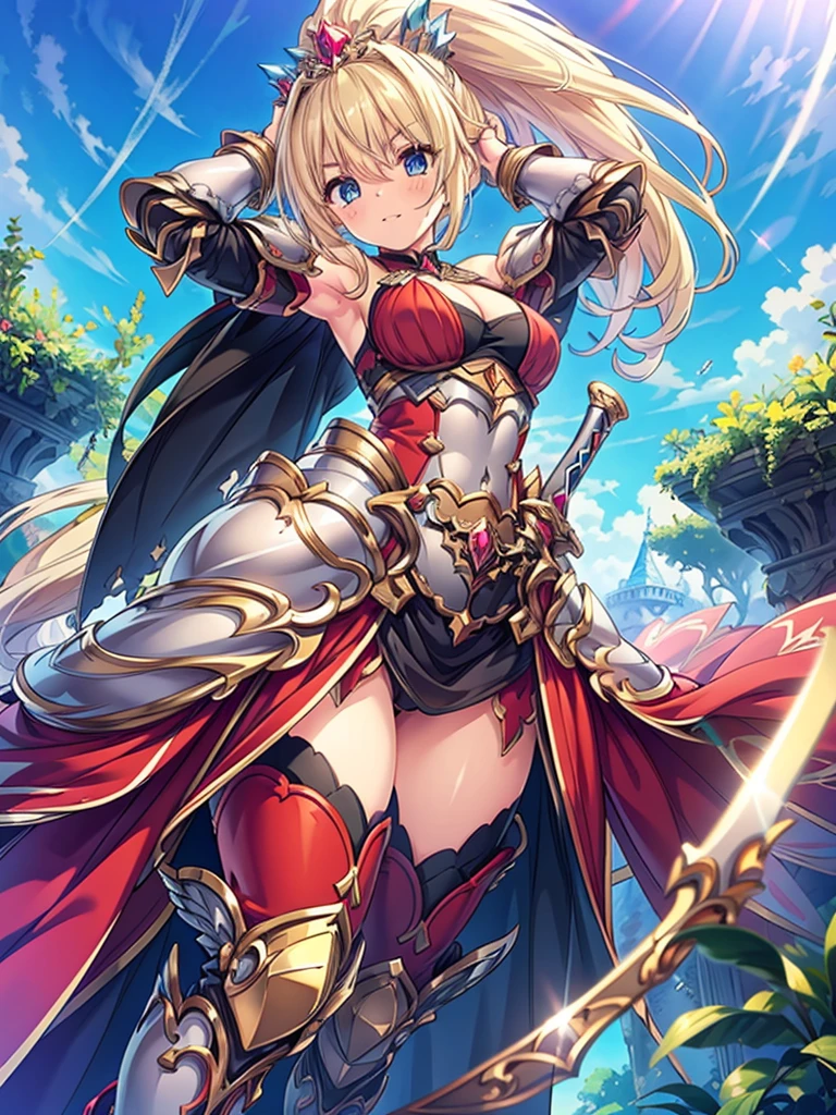 (masterpiece), best quality, expressive eyes, perfect face,1girl, holding sword by two hands over her head, a female knight in metal armor, red_outfit, white_armor,cropped shoulders armor, plate armor, armor dress,gauntlets, Blonde hair,high ponytail,Blue eyes,ruby tiara,cleavage, thighs, thighhighs,  (from below:1.1), looking at viewer, blue sky