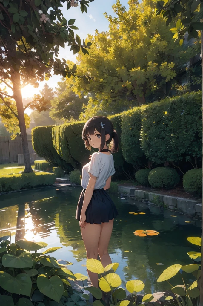 Anime scene of a serene garden with a pond, a young girl with a light smile and crossed bangs sitting on a bench, admiring a hairpin between her fingers. In the background, an intriguing anaglyph or stereogram adds a layer of Surrealism to the scene. The perspective shifts to a tantalizing tachi-e, or point of view, from behind the girl, revealing her anatomically correct figure, dressed in a simple outfit. The sunlight filters through the trees, casting beautiful shadows as silhouettes dance on the 35mm film from a Nikon camera. The image is captured in exquisite 8k resolution, with every detail meticulously curated for