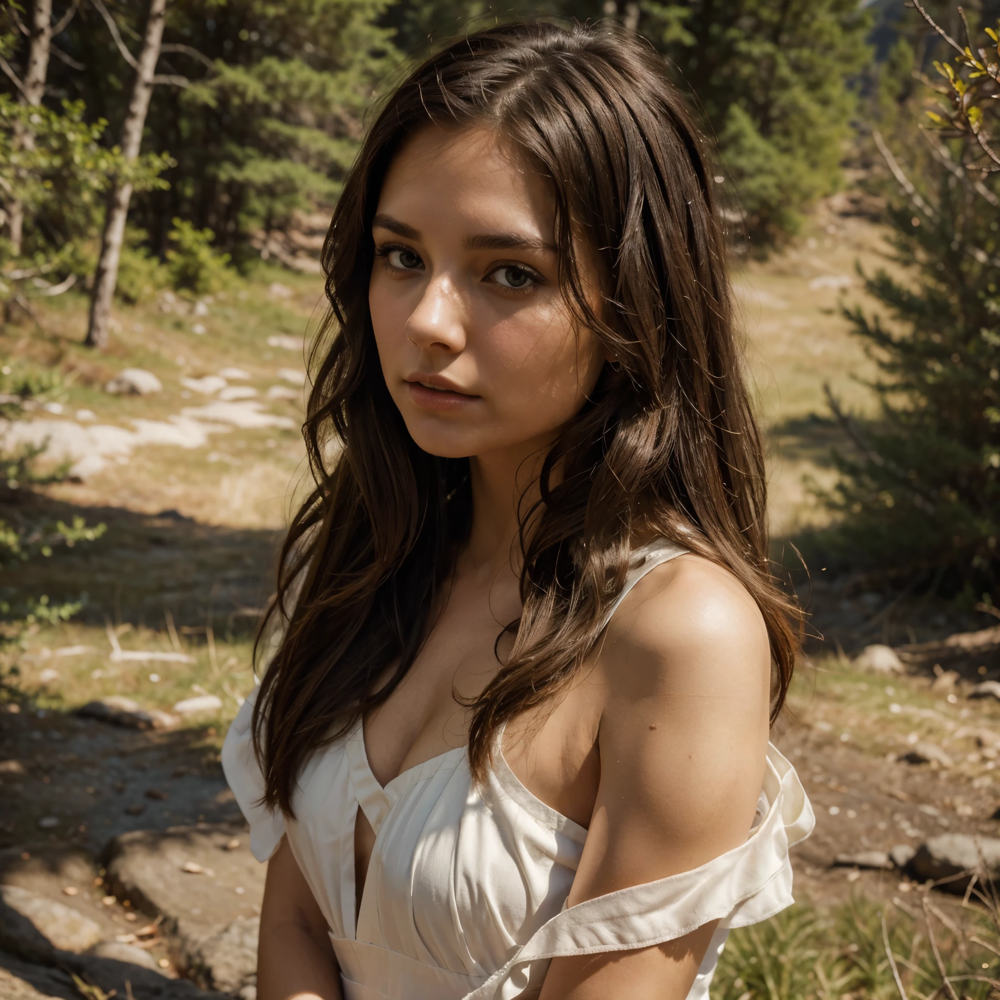 a brunette solo, well dress, graceful posture, sensual pose, photography, low key, fine art, expressive eyes, soft tousled hair, subtle shadows, striking silhouette, artistic simplicity, exquisite details, deep emotions, captivating beauty, mountains, hiking.