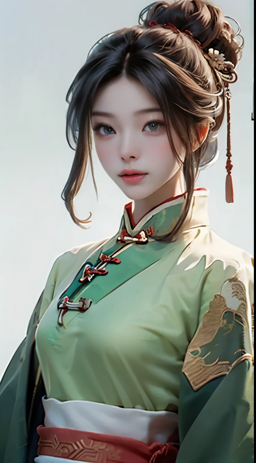 A girl, ancient Chinese costume, sunshine, clear face, clean white background, masterpiece, super detail, epic composition, ultra HD, high quality, extremely detailed, official art, uniform 8k wallpaper, super detail, 32k -- v 6